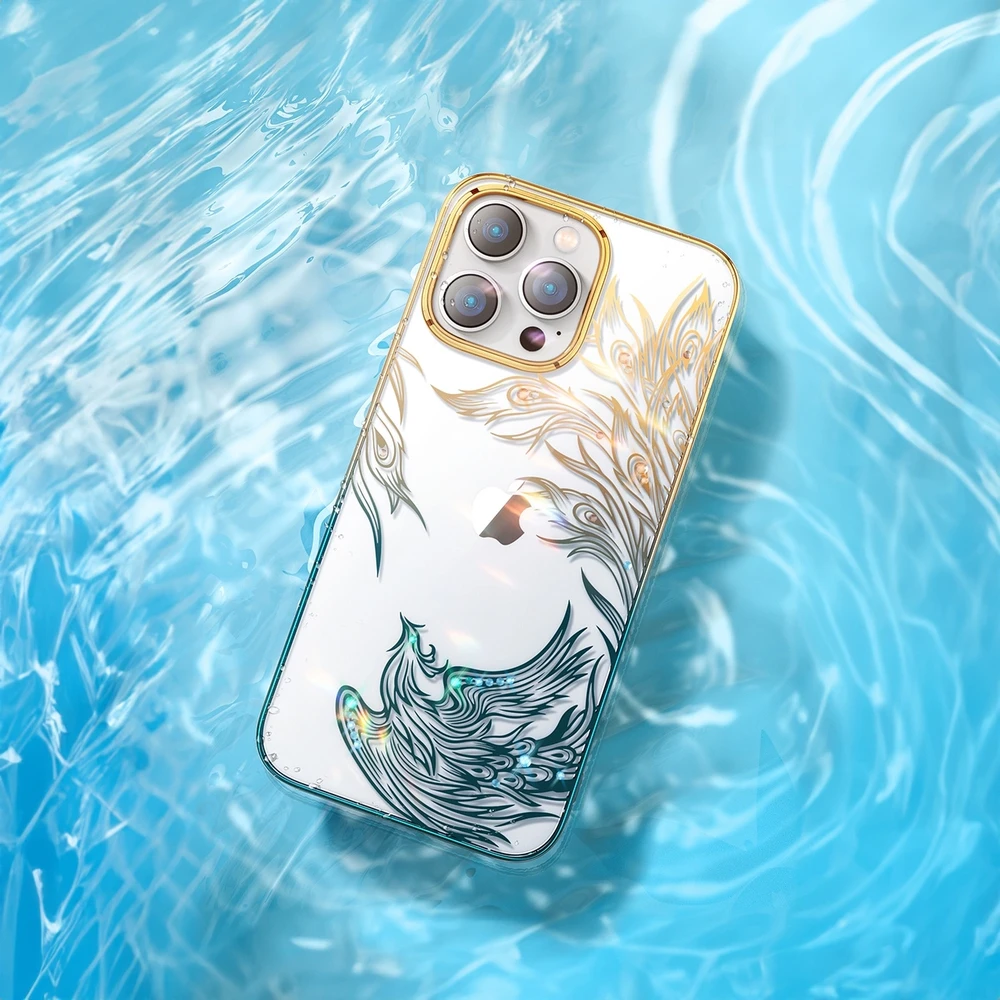 Luxury Apple iPhone 14 Kingxbar Phoenix Crystals - dėklas telefonui aukso ir mėlynos spalvos