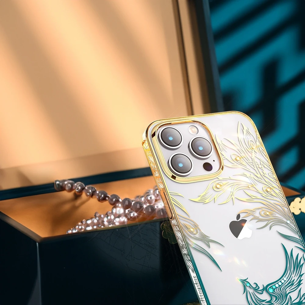Luxury Apple iPhone 14 Kingxbar Phoenix Crystals - dėklas telefonui aukso ir mėlynos spalvos