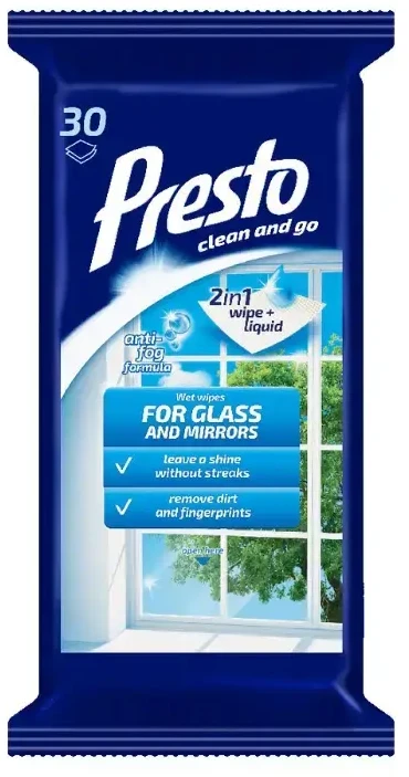 Presto Valymo šluostės + skystis 2in1 langams ir veidrodžiams, 1 pakuotė - 30 vnt.