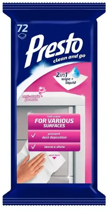 Drėgnos servėtėlės paviršiams Presto Clean and Go 72 vnt.