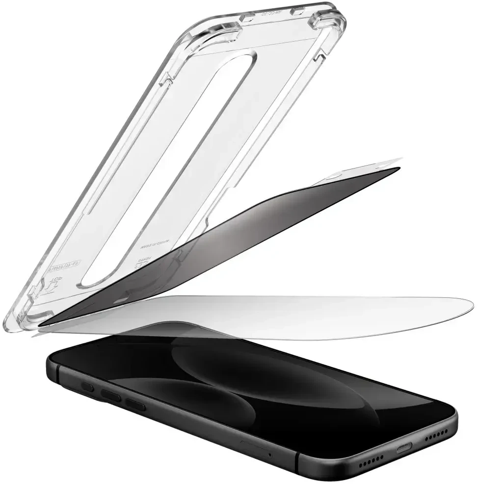 Privatumą saugantis stiklas UNIQ Optix SwiftFit Privacy DX2, skirtas iPhone 18 Pro su aplikatoriumi
