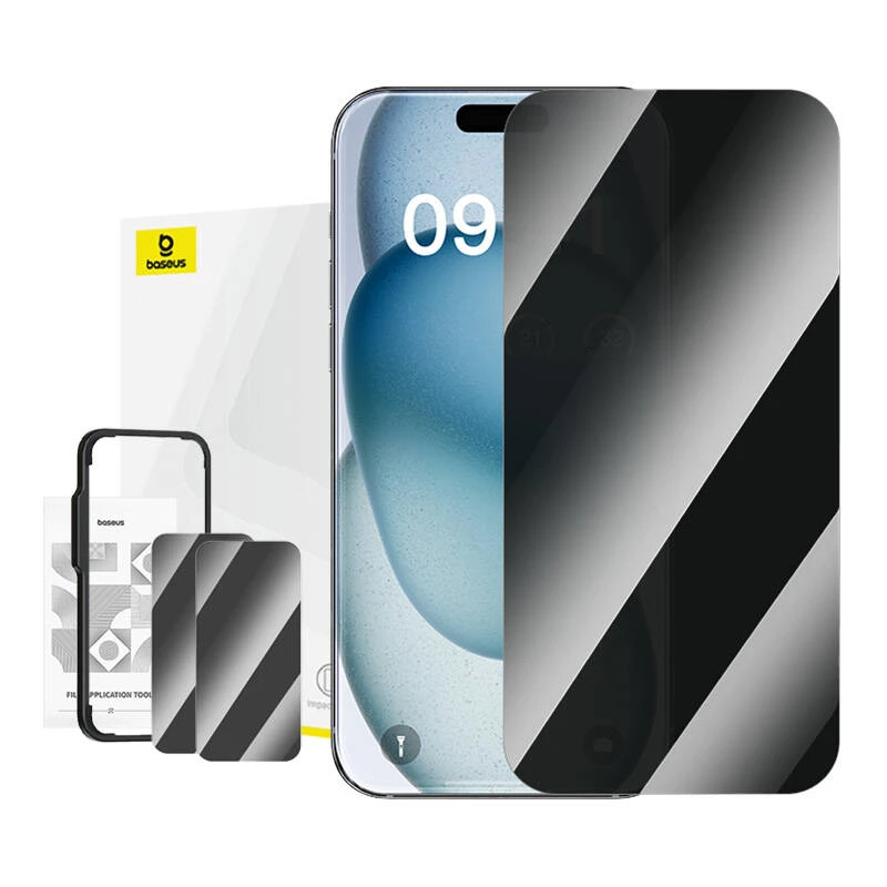 Privacy Tempered Glass Baseus Superior skirtas iPhone 15 + 2x valymo rinkiniui ir EasyStick - skaidrus