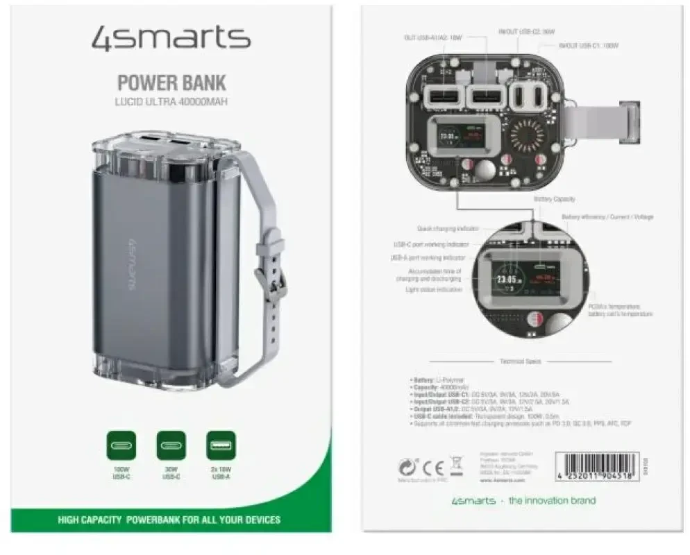 4smarts Lucid Ultra Power Bank | 40,000 mAh | 100W | USB-C, USB-A | pilka