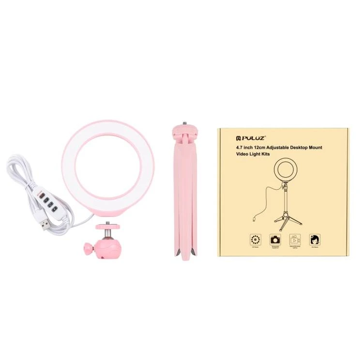 Puluz tripodas su žiedine LED lempa 16 cm, rožinis