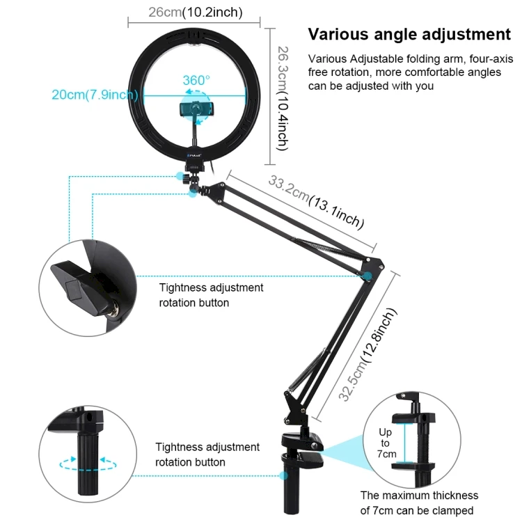 Puluz Stalinis stovas su 26cm LED apšvietimo žiedu