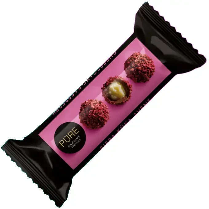 Pure Chocolate Pieniško šokolado triufeliai PURE su sūrio pyrago skonio grietinėlės įdaru ir aviečių papuošimu,32g