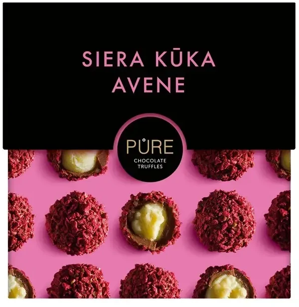 Pure Chocolate Pieniško šokolado triufeliai PURE su sūrio pyrago skonio grietinėlės užpildu ir avietėmis, 96g