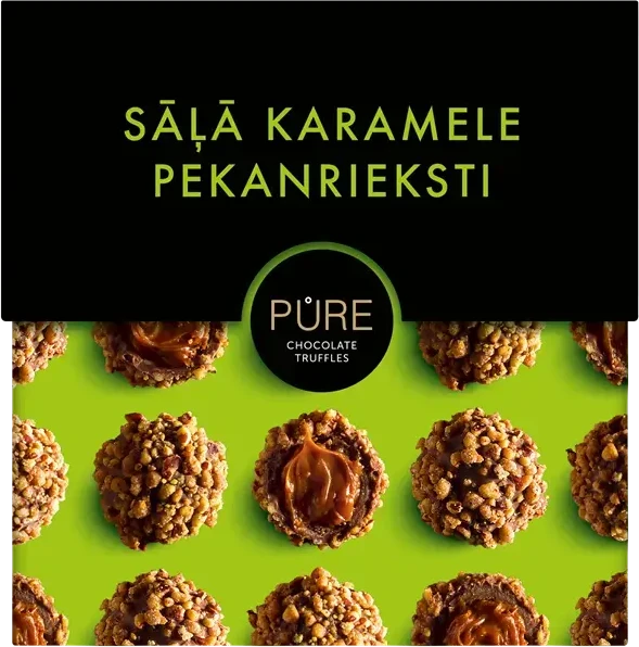 Pure Chocolate Pieniško šokolado triufeliai PURE su sūdytos karamelės kremo įdaru ir pekano riešutu, 110 g