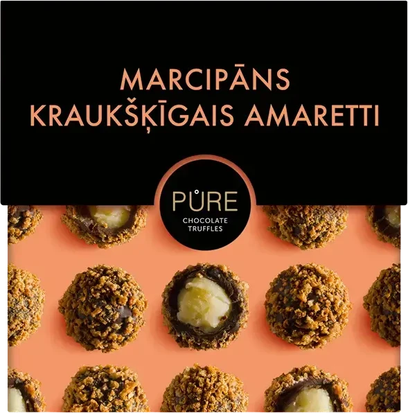 Pure Chocolate Šokoladiniai triufeliai PURE su marcipaninio kremo įdaru ir traškiu amaretti sausainių dekoru, 96g