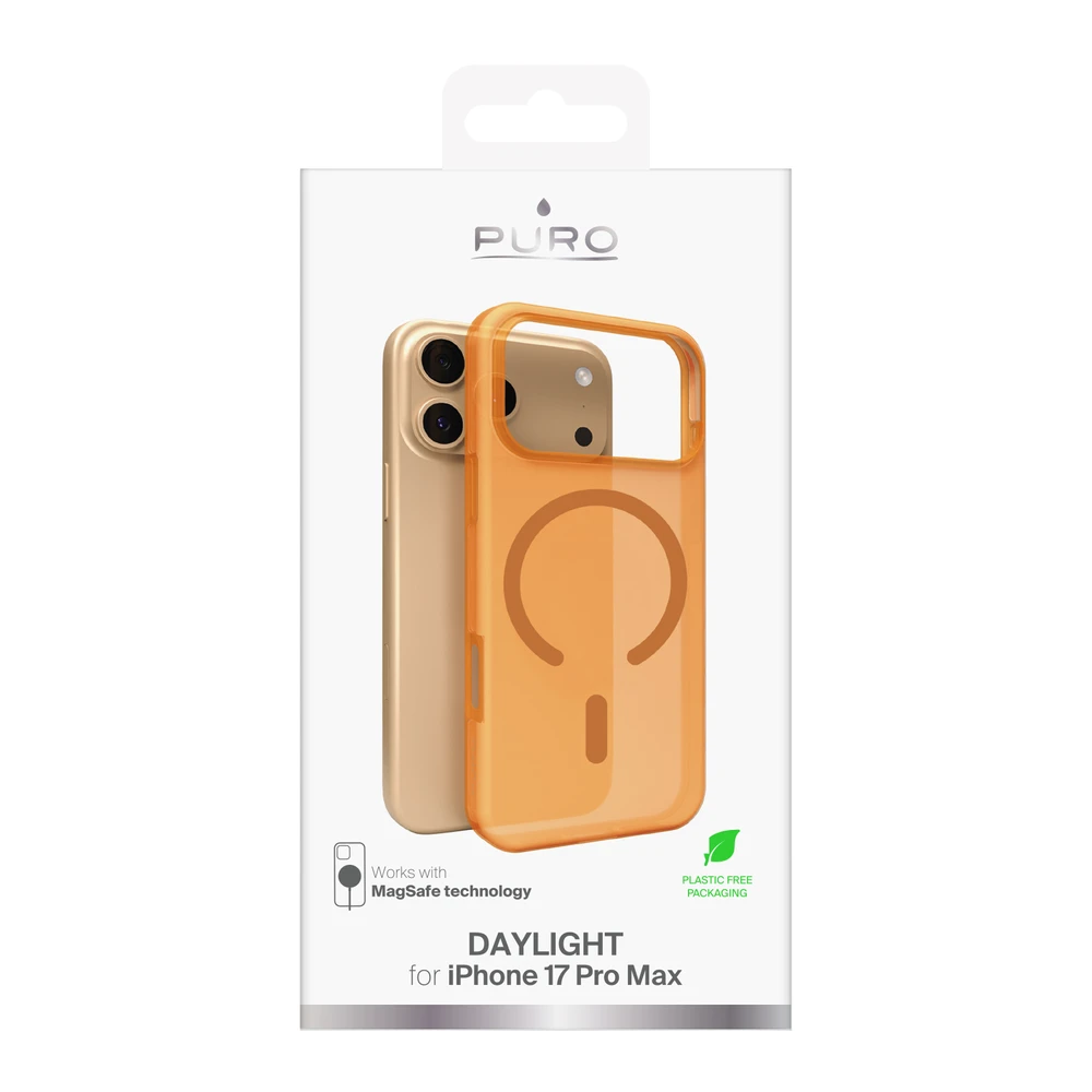 Puro „Daylight Magsafe“ suderinamas silikoninis dėklas, skirtas „iPhone 17 Pro Max“ – permatomos oranžinės spalvos