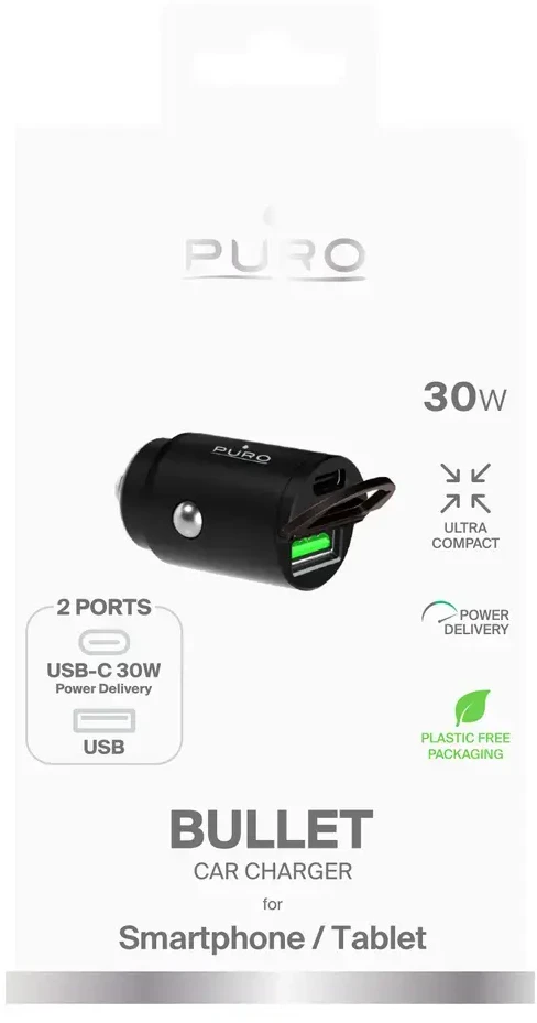 Nezatříděno Mini mašininis greitasis kroviklis PURO 1 x UAB-A, 1 x USB-C, PD, 30W, juodas / FCMCHUSBAC30WBLK