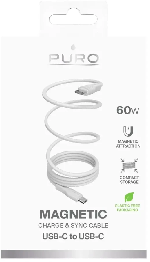 Puro Elektrik Puro magnetinis duomenų perdavimo ir įkrovimo kabelis | USB-C į USB-C | 60 W | 1 m | baltas