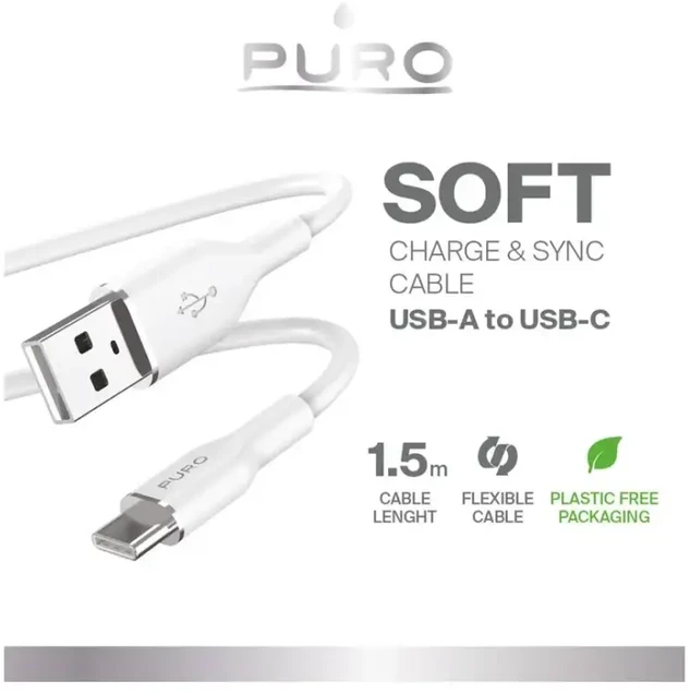 Puro Elektrik Puro Soft duomenų perdavimo ir įkrovimo kabelis | USB-A į USB-C | 18 W | 1,5 m | baltas