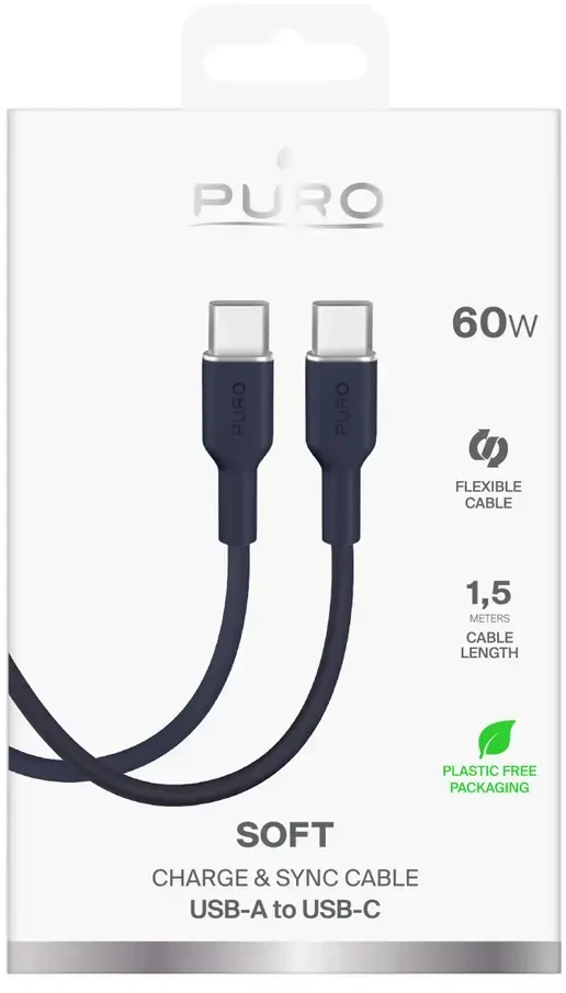 Puro ICON duomenų perdavimo ir įkrovimo kabelis | USB-C į USB-C | 1,5 m | mėlynas