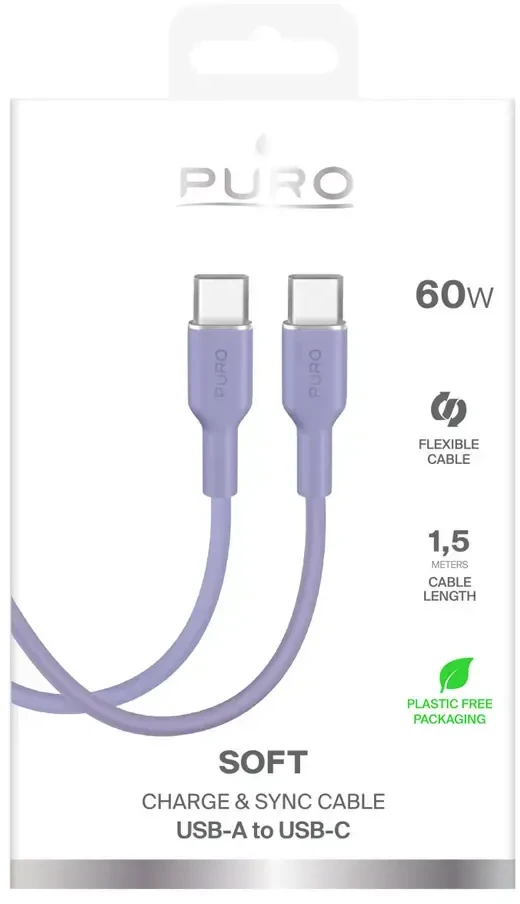 Puro ICON duomenų perdavimo ir įkrovimo kabelis | USB-C į USB-C | 1,5 m | purpurinė