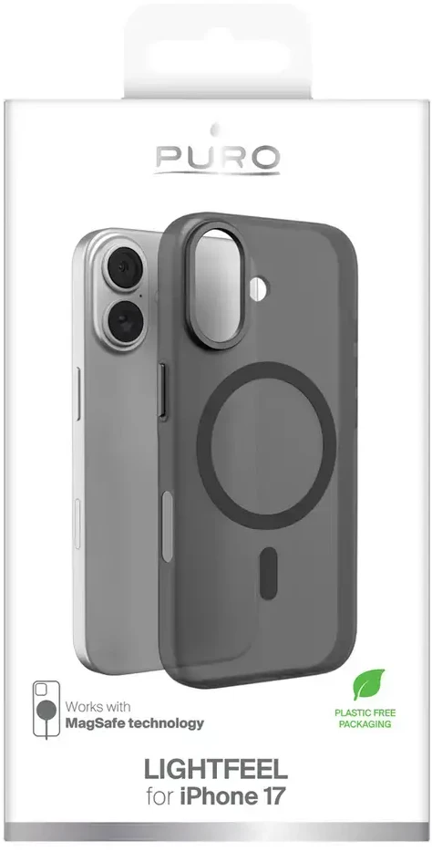 Puro „Lightfeel“ dėklas, skirtas „iPhone 17“, suderinamas su „MagSafe“ – skaidrus ir juodas