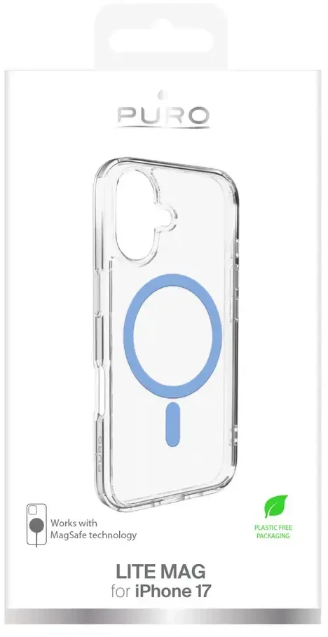 Puro Lite Mag TPU+PC dėklas suderinamas su MagSafe skirtas Apple iPhone 17 – skaidrus su mėlynos spalvos žiedu