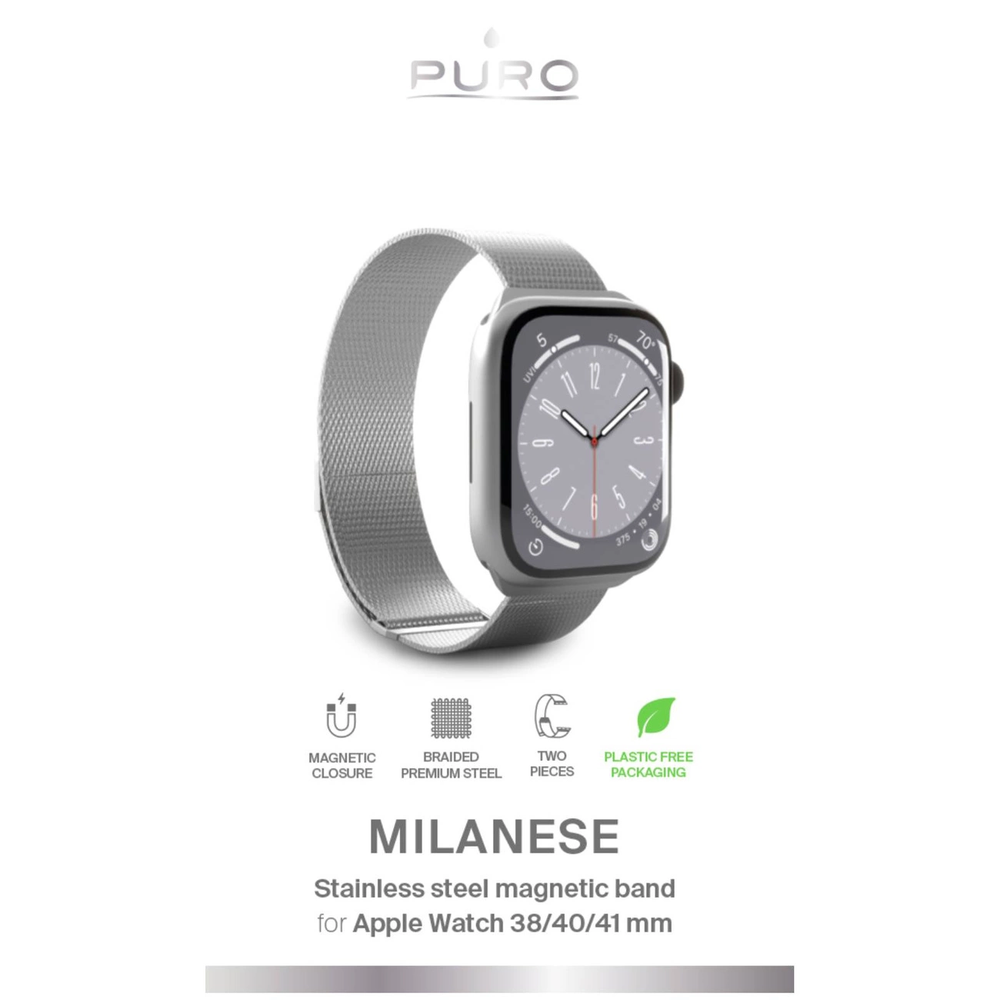 Puro Milanese magnetinė apyrankė – nerūdijančio plieno apyrankė, skirta Apple Watch 38/40/41 mm (sidabrinė)