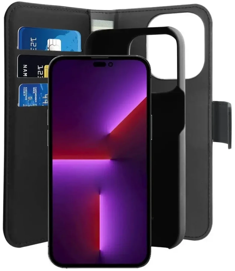 Puro piniginės nuimamas MagSafe 2in1 PU odinis dėklas su atvartu ir pinigine, skirtas iPhone 14 Pro Max – juodas