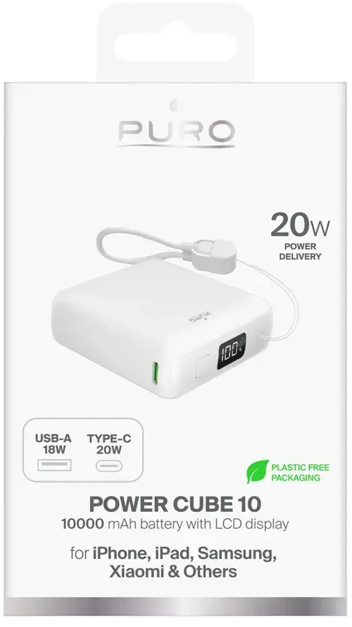 Puro 10000mAh 20W USB-C USB-A išorinė baterija su ekranu ir integruotu USB-C laidu - Baltas