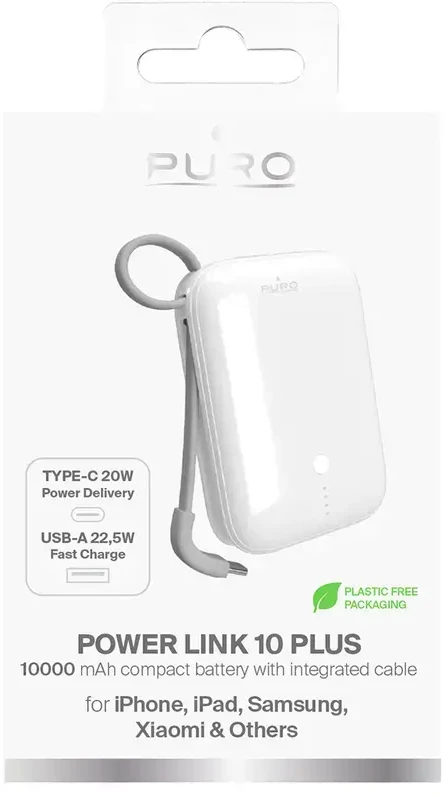 Puro Power Link 10 Plus 10000mAh Power Bank su Built-in USB-C Kabelis – baltos spalvos