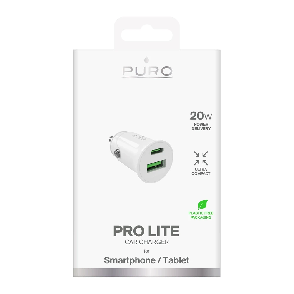 Puro Pro Lite automobilinis įkroviklis 1x USB-A + 1x USB-C Power Delivery 20W – baltos spalvos