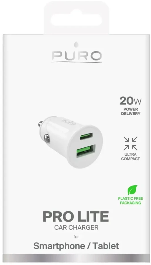 Puro Pro Lite automobilio įkroviklis | 20W | PD | USB-C, USB-A | balta