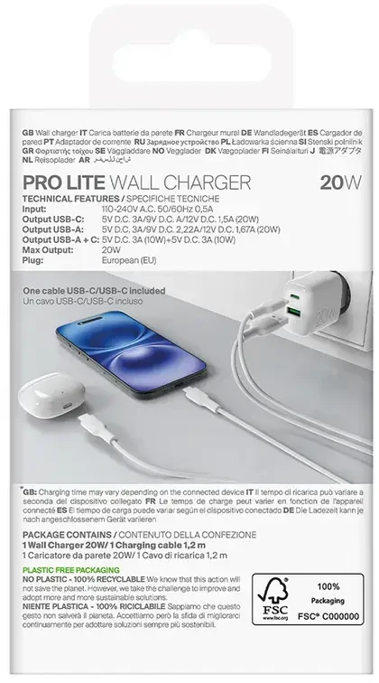 Puro PROLITE 20W USB-A / USB-C sieninis įkroviklis + USB-C – USB-C laidas 1,2 m – baltos spalvos
