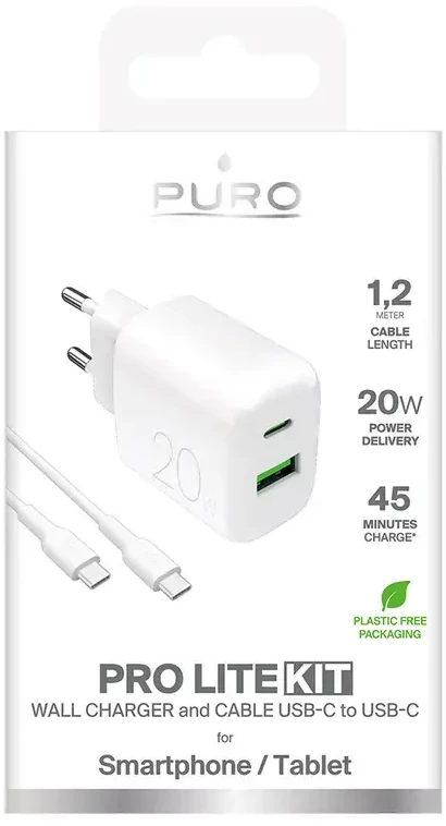 Puro PROLITE 20W USB-A / USB-C sieninis įkroviklis + USB-C – USB-C laidas 1,2 m – baltos spalvos