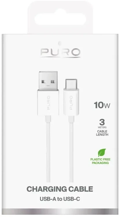 Puro PUCAC10W3MTWHI duomenų perdavimo ir įkrovimo kabelis | USB-A į USB-C | 10W | 3 m | balta