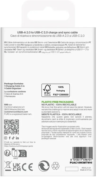 Puro PUCAC10W3MTWHI duomenų perdavimo ir įkrovimo kabelis | USB-A į USB-C | 10W | 3 m | balta
