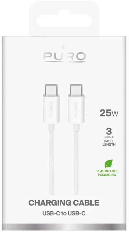 Puro PUCCC25W3MTWHI duomenų perdavimo ir įkrovimo kabelis | USB-C į USB-C | 25 W | 3 m | balta