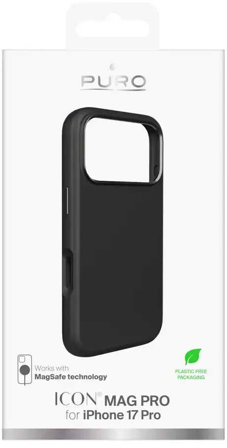 Puro Pure Icon Mag Pro Liquid Silicone dėklas skirtas Apple iPhone 17 Pro, MagSafe Compatible, with Camera Protection and Aluminum Mygtukai – juodos spalvos