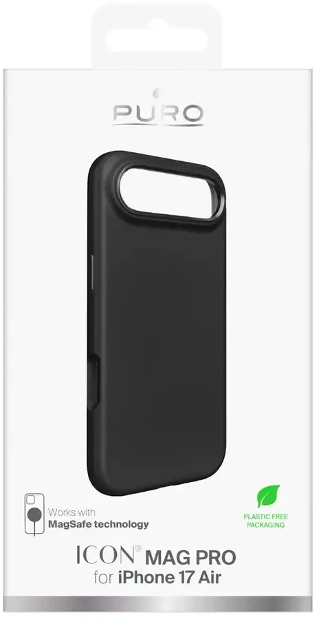 Puro Pure Icon Mag Pro Liquid Silicone dėklas skirtas Apple iPhone 17 Air, MagSafe Compatible, with Camera Protection and Aluminum Mygtukai – juodos spalvos