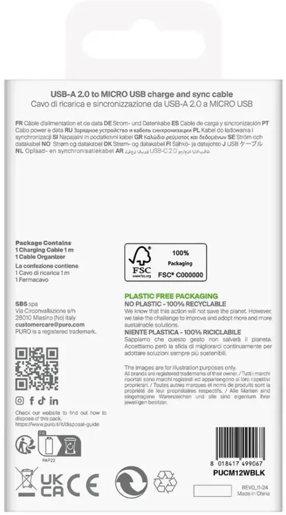 Puro Puro PUCM12WBLK įkrovimo laidas | USB-A į Micro USB | 12 W | 1 m | juodas