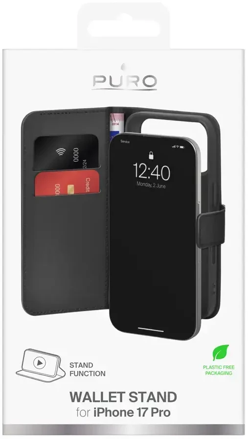 Puro Wallet Stand dėklas skirtas Apple iPhone 17 Pro Made of Eco-Leather, with a Flap, Wallet, and Stand Function - juodos spalvos