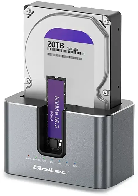 Qoltec Doko stotelė 2w1 HDD SSD | SATA | M.2 NVMe | Klonowanie | USB-C 3.2 Gen 2 | 10Gb/s | 28TB | Aliuminio