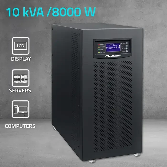 Qoltec Atsarginis maitinimo šaltinis UPS 3 fazių | 10kVA | LCD | EPO | USB | SNMP | On-line | Aukšto dažnio