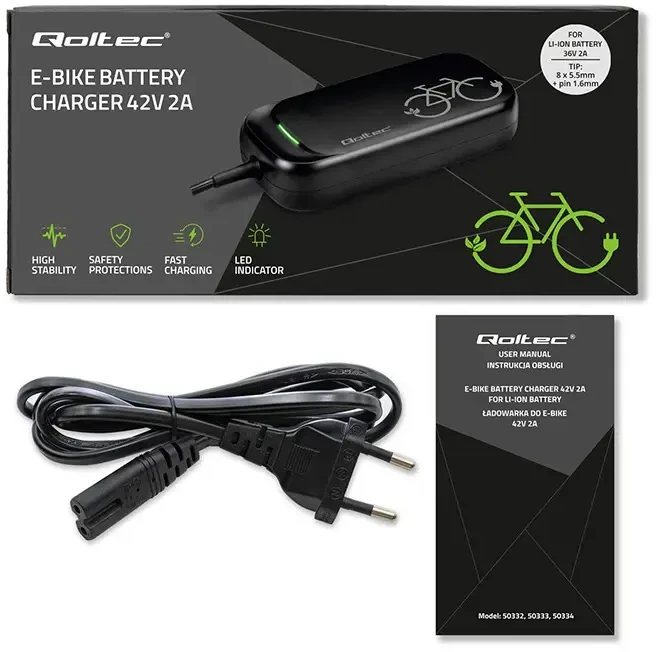 Qoltec 50334 Greitasis įkroviklis elektriniam dviračiui, elektriniam paspirtukui XIAOMI 36V | 42V | 2A | 8.0*8.0mm | atsparus vandeniui + maitinimo kabelis