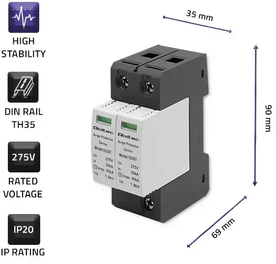 QOLTEC 52587 kintamosios srovės viršįtampio iškroviklis / 2P / 275V / T2 / BC