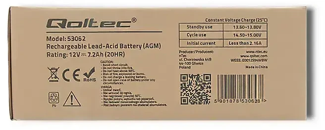 QOLTEC 53062 AGM baterija 12V 7.2Ah max 108A