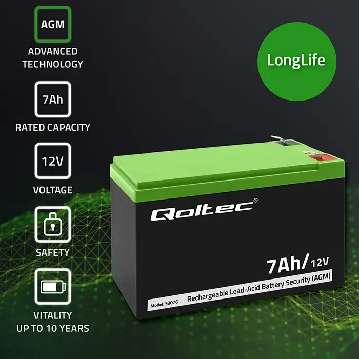 QOLTEC 53076 AGM baterija 12V 7Ah maks. 105A apsauga