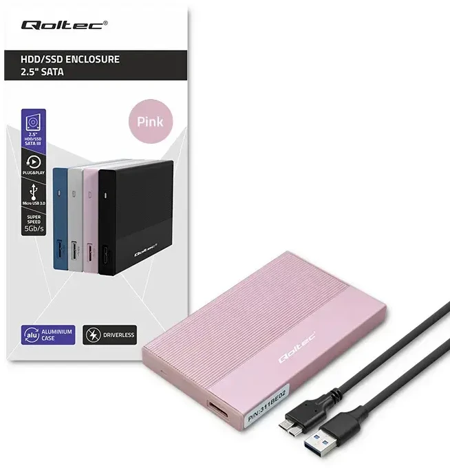Išorinio kietojo disko dėklas Aliumininis korpusas skirtas diskui SSD HDD 25" sata USB 3.0 itin greitas 5 Gb/s 2 TB rožinis Qoltec