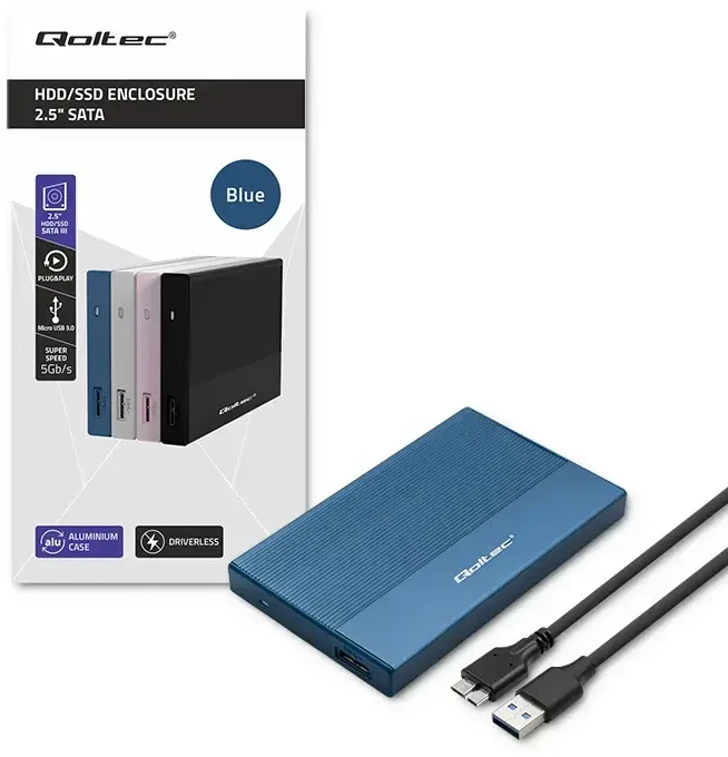 Išorinio kietojo disko dėklas Aliumininis korpusas skirtas diskams SSD HDD 25" sata USB 3.0 ypač greitas 5 Gb/s 2 TB mėlynas Qoltec