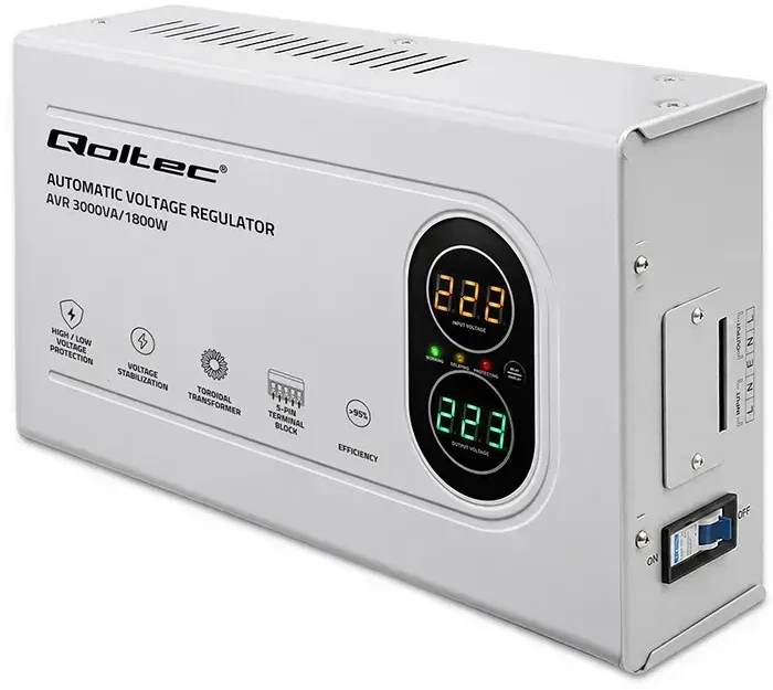 Qoltec automatinis įtampos stabilizatorius AVR 3000VA 1800W kompaktiškas toroidinis transformatorius