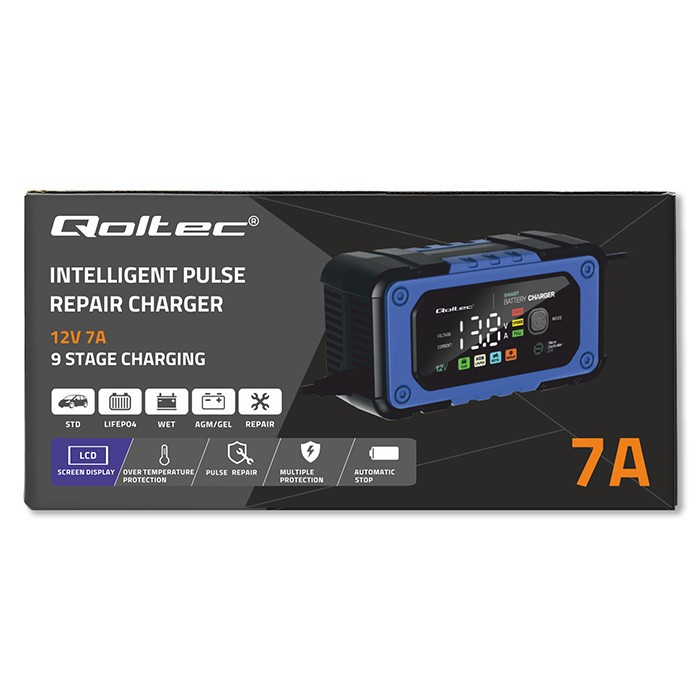 Qoltec Intelektualus mikroprocesorius kroviklis 12V | 7A | AGM LiFePO4 GEL akumuliatoriaus įkroviklis su remonto funkcija