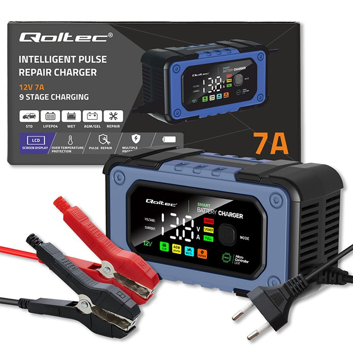 Qoltec Intelektualus mikroprocesorius kroviklis 12V | 7A | AGM LiFePO4 GEL akumuliatoriaus įkroviklis su remonto funkcija