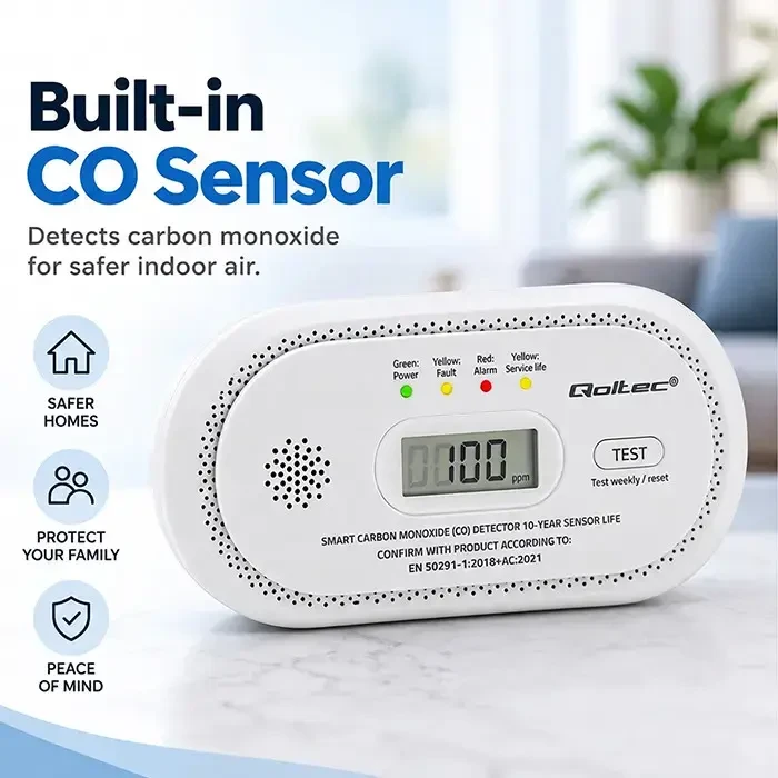Qoltec Certyfikowany belaidis Czujnik tlenku węgla (czadu) | detektor CO | żywotność sensora 10 lat | alarm 85dB | LCD | Diody LED