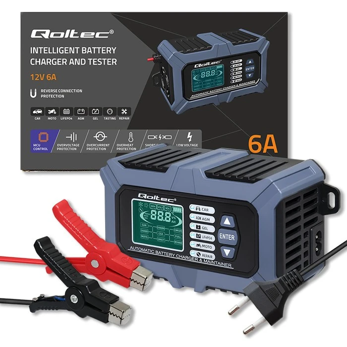 Qoltec Intelektualus mikroprocesorius kroviklis su akumuliatoriaus testeriu ir 12V remonto funkcija | 6A | LCD | AGM LiFePO4 GEL akumuliatoriaus įkroviklis