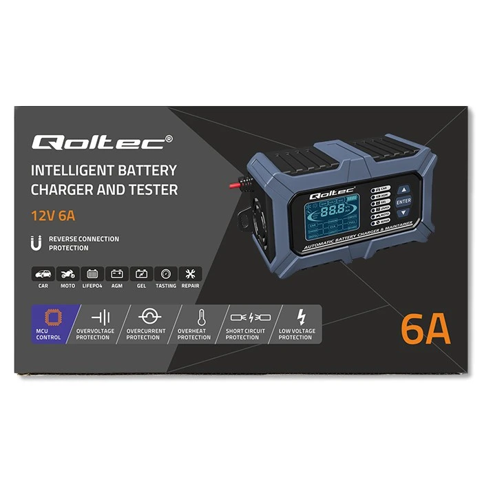 Qoltec Intelektualus mikroprocesorius kroviklis su akumuliatoriaus testeriu ir 12V remonto funkcija | 6A | LCD | AGM LiFePO4 GEL akumuliatoriaus įkroviklis